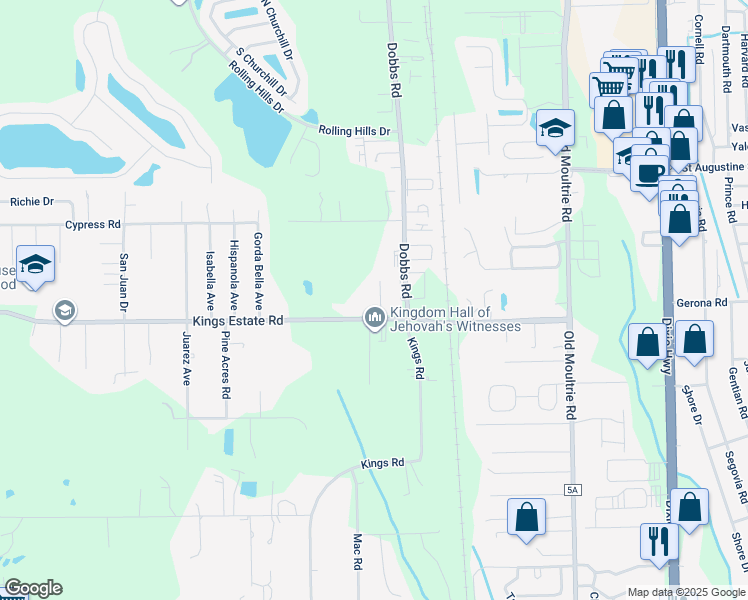 map of restaurants, bars, coffee shops, grocery stores, and more near 2675 Dobbs Road in St. Augustine