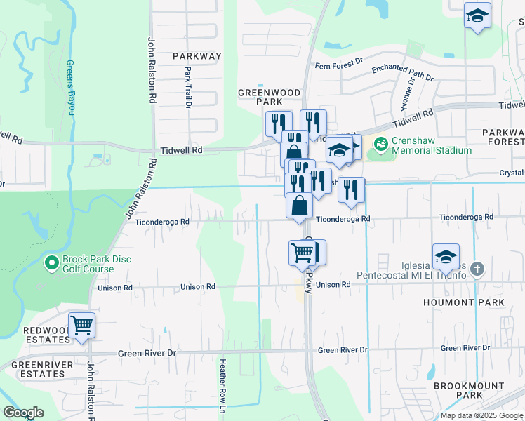 map of restaurants, bars, coffee shops, grocery stores, and more near 12219 Ticonderoga Road in Houston