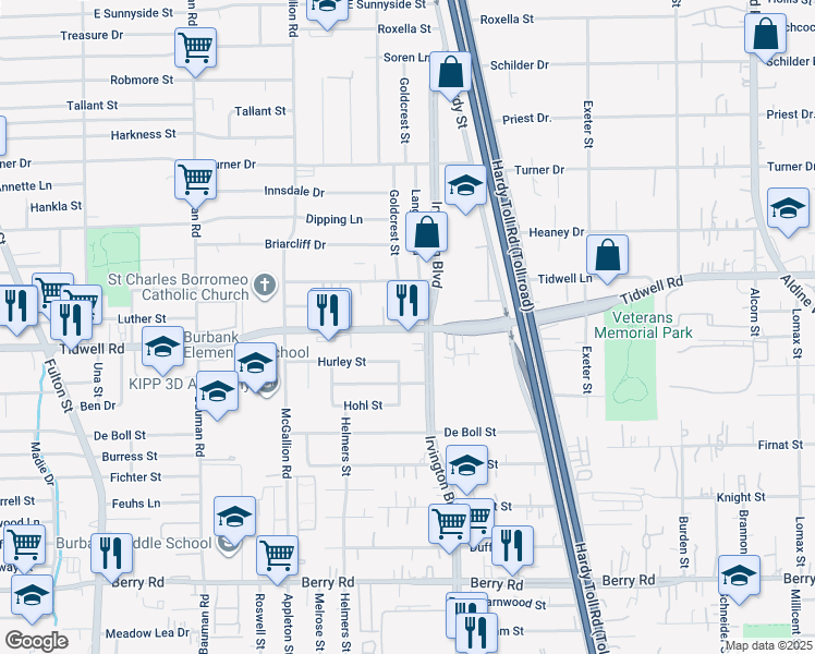 map of restaurants, bars, coffee shops, grocery stores, and more near 917 Tidwell Road in Houston