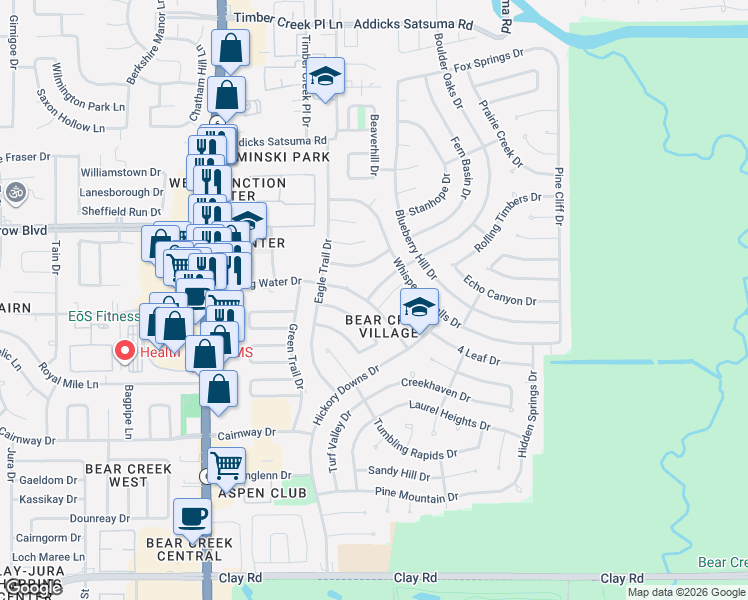 map of restaurants, bars, coffee shops, grocery stores, and more near 15914 Boulder Oaks Drive in Houston