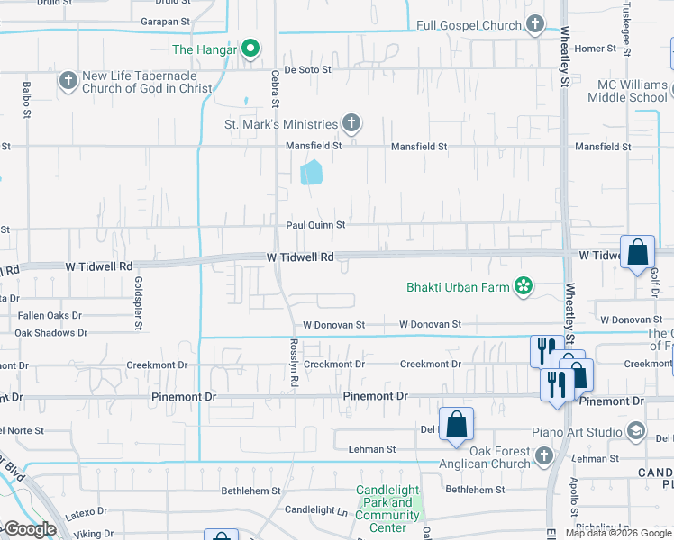 map of restaurants, bars, coffee shops, grocery stores, and more near 1905 West Tidwell Road in Houston