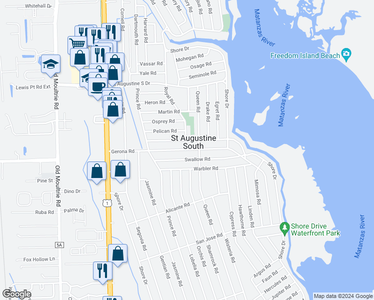 map of restaurants, bars, coffee shops, grocery stores, and more near 448 Gerona Road in St. Augustine