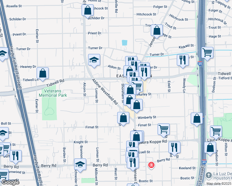 map of restaurants, bars, coffee shops, grocery stores, and more near 2600 Aldine Westfield Road in Houston