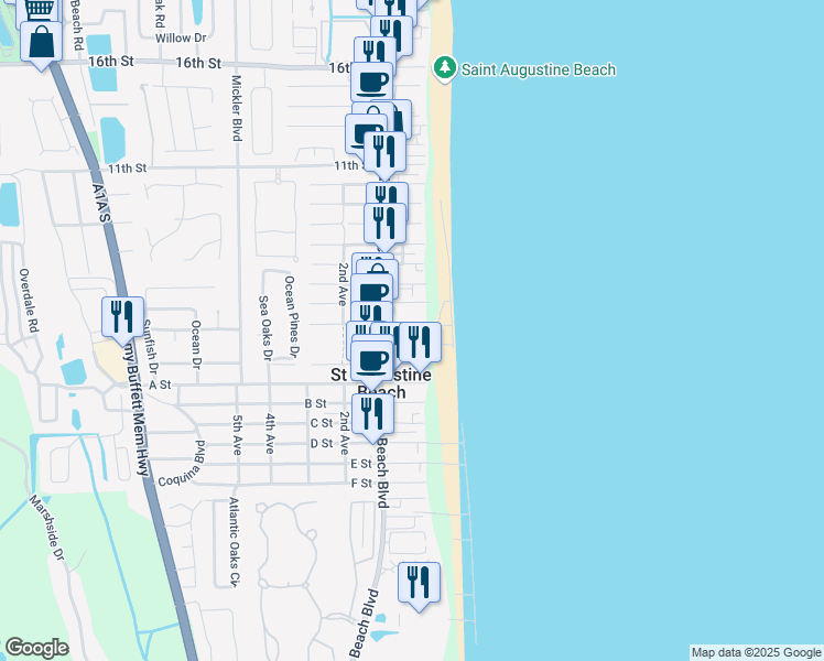 map of restaurants, bars, coffee shops, grocery stores, and more near 2 1/2 3rd Street in St. Augustine