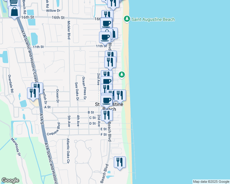map of restaurants, bars, coffee shops, grocery stores, and more near 12 3rd Street in St. Augustine