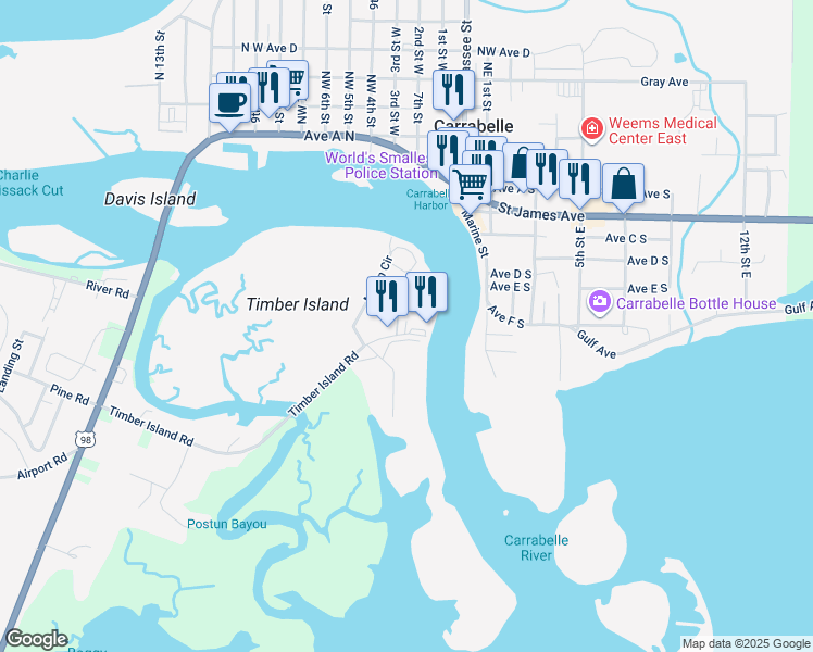 map of restaurants, bars, coffee shops, grocery stores, and more near 288 Timber Island Road in Carrabelle