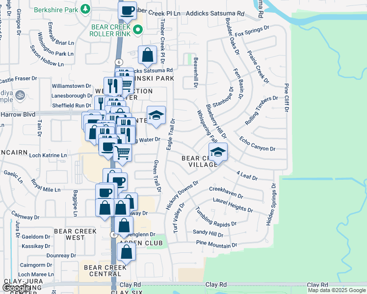 map of restaurants, bars, coffee shops, grocery stores, and more near 15922 Rippling Water Drive in Houston