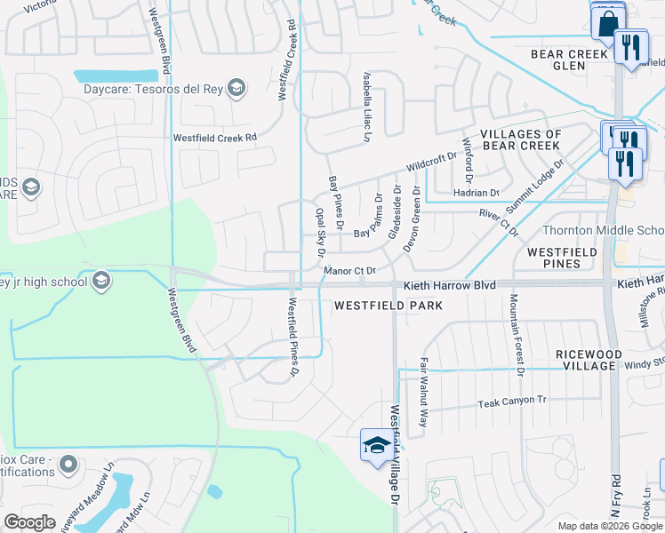 map of restaurants, bars, coffee shops, grocery stores, and more near 21818 Manor Court Drive in Katy