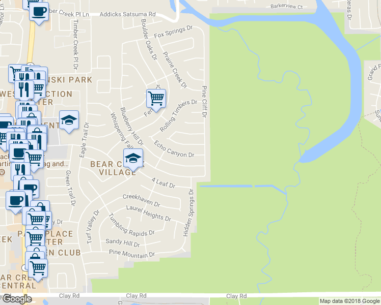map of restaurants, bars, coffee shops, grocery stores, and more near 15622 Echo Canyon Drive in Houston