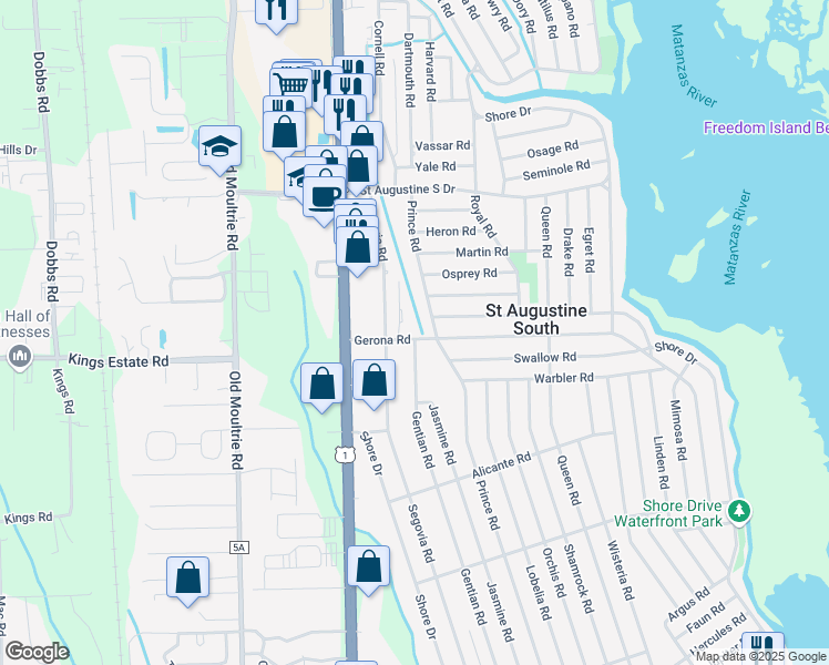 map of restaurants, bars, coffee shops, grocery stores, and more near 612 Prince Road in St. Augustine