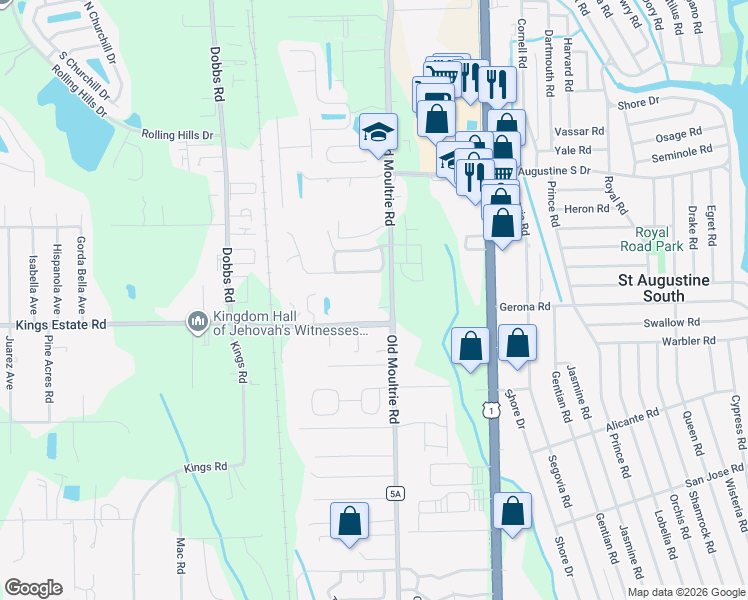 map of restaurants, bars, coffee shops, grocery stores, and more near 2665 Old Moultrie Road in St. Augustine