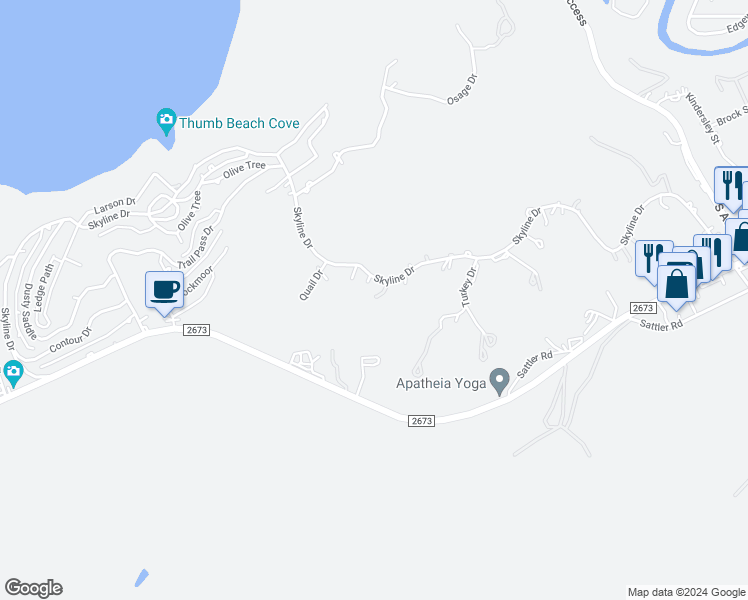 map of restaurants, bars, coffee shops, grocery stores, and more near 2100 Skyline Drive in Canyon Lake