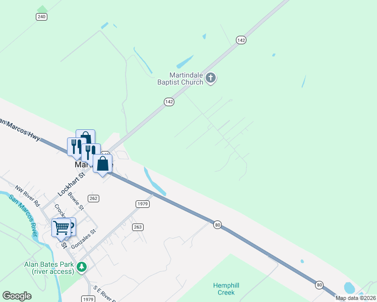 map of restaurants, bars, coffee shops, grocery stores, and more near 133 San Diego Lane in Martindale