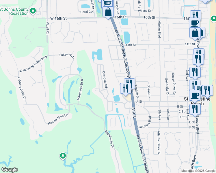 map of restaurants, bars, coffee shops, grocery stores, and more near 1148 Overdale Road in St. Augustine