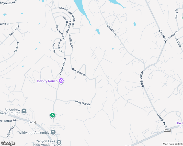 map of restaurants, bars, coffee shops, grocery stores, and more near 695 Red Oak Woods in Canyon Lake