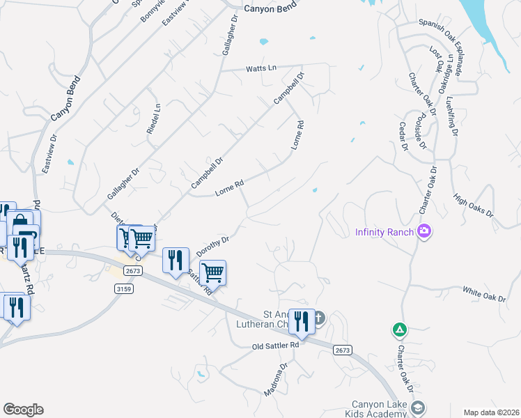 map of restaurants, bars, coffee shops, grocery stores, and more near 436 Shayla Lane in Canyon Lake