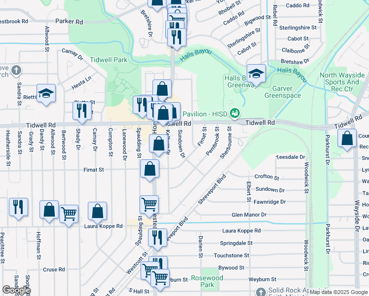 map of restaurants, bars, coffee shops, grocery stores, and more near 9320 Sundown Drive in Houston