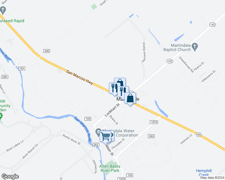 map of restaurants, bars, coffee shops, grocery stores, and more near 17092 Texas 80 in Martindale