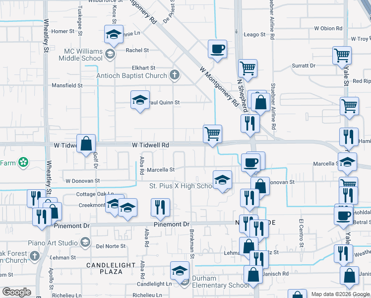 map of restaurants, bars, coffee shops, grocery stores, and more near 5451 Sue Marie Lane in Houston