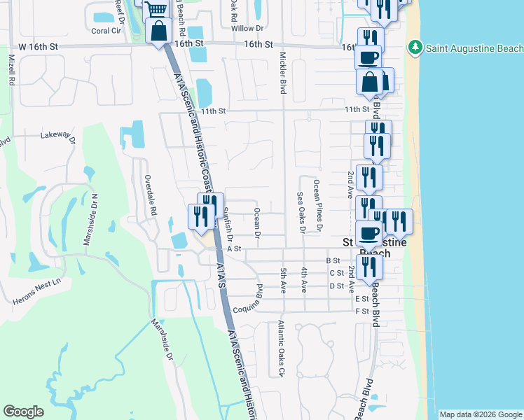 map of restaurants, bars, coffee shops, grocery stores, and more near 416 Ocean Drive in St. Augustine