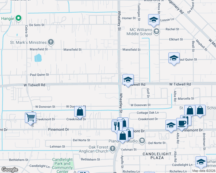 map of restaurants, bars, coffee shops, grocery stores, and more near 1126 West Tidwell Road in Houston