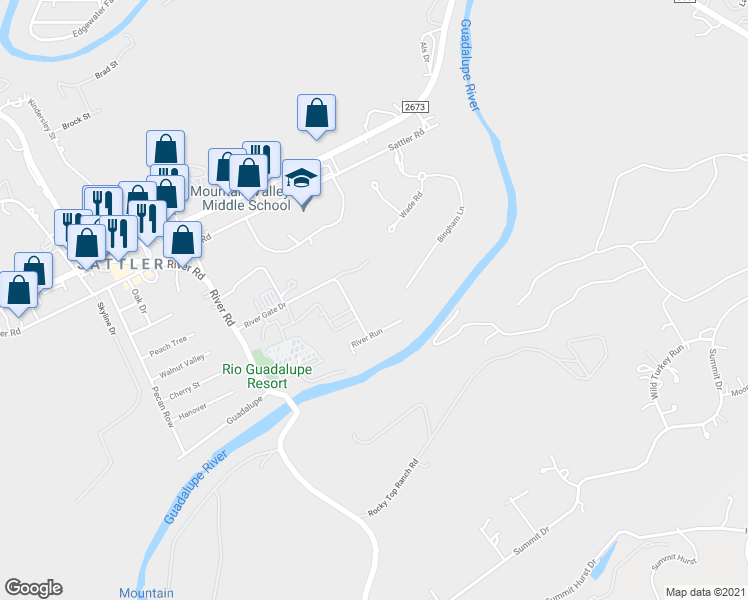 map of restaurants, bars, coffee shops, grocery stores, and more near 512 River Run in New Braunfels
