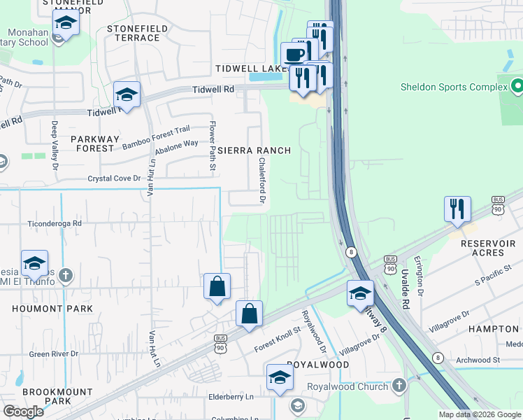 map of restaurants, bars, coffee shops, grocery stores, and more near 13322 Dennis Way Lane in Houston