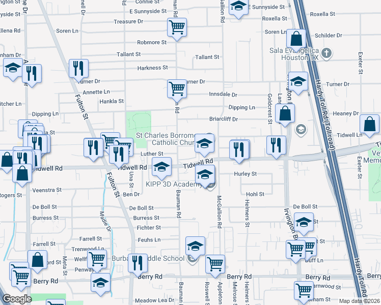 map of restaurants, bars, coffee shops, grocery stores, and more near 9400 Bauman Road in Houston