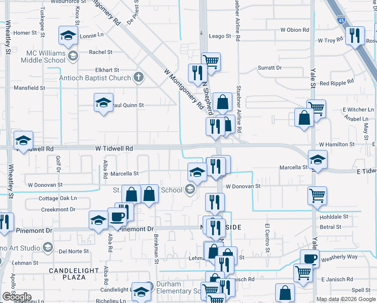map of restaurants, bars, coffee shops, grocery stores, and more near 735 West Tidwell Road in Houston