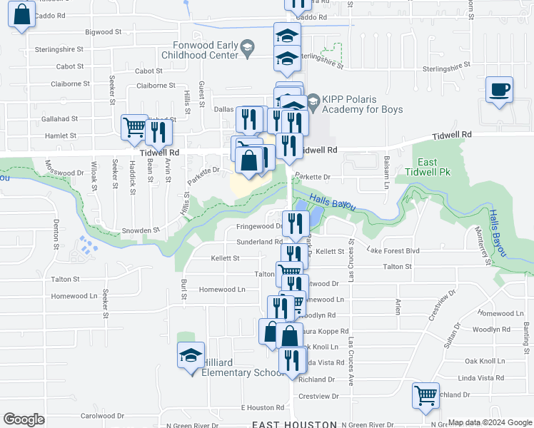 map of restaurants, bars, coffee shops, grocery stores, and more near 8713 Southwark Street in Houston