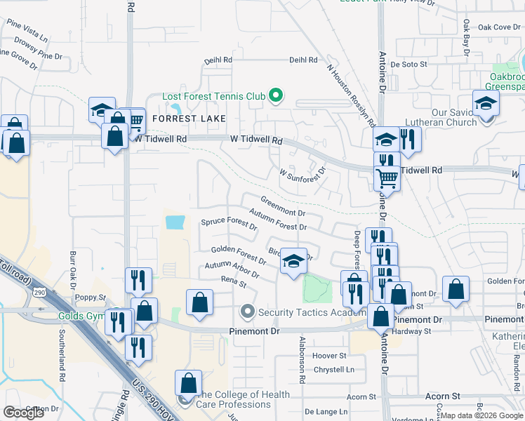 map of restaurants, bars, coffee shops, grocery stores, and more near 6110 Autumn Forest Drive in Houston