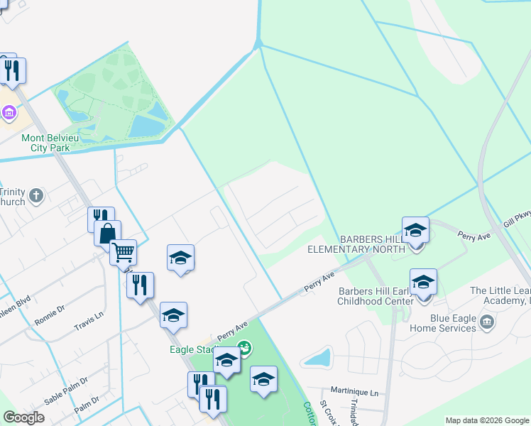 map of restaurants, bars, coffee shops, grocery stores, and more near 3830 Cypress Point Drive in Mont Belvieu