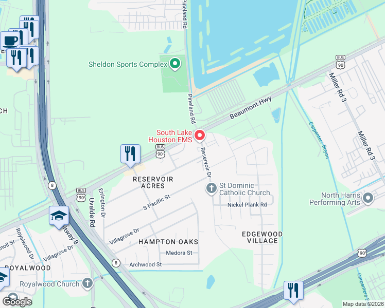 map of restaurants, bars, coffee shops, grocery stores, and more near 14308 Beaumont Highway in Houston