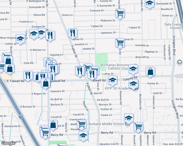 map of restaurants, bars, coffee shops, grocery stores, and more near 126 Burbank Street in Houston
