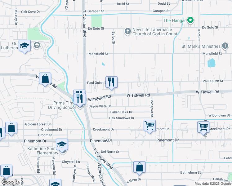map of restaurants, bars, coffee shops, grocery stores, and more near in Houston