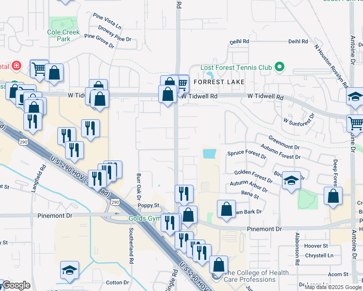 map of restaurants, bars, coffee shops, grocery stores, and more near 5604 Bingle Road in Houston