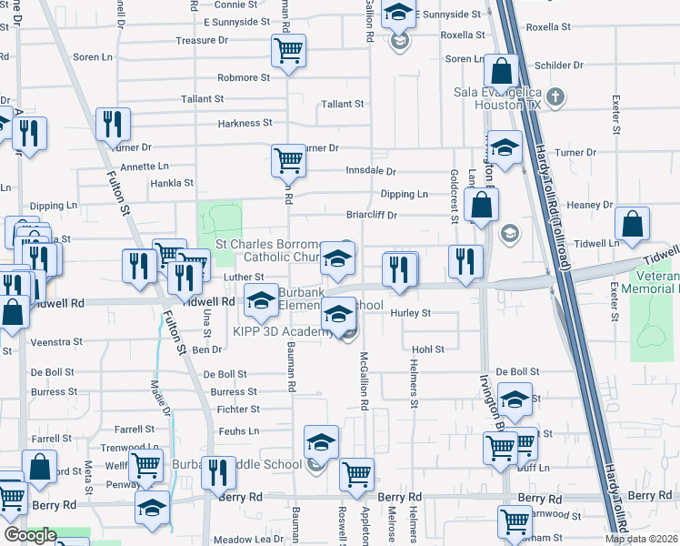 map of restaurants, bars, coffee shops, grocery stores, and more near 501 Tidwell Road in Houston