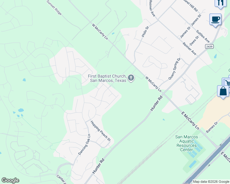 map of restaurants, bars, coffee shops, grocery stores, and more near 124 Laughing Pear Drive in Hays County