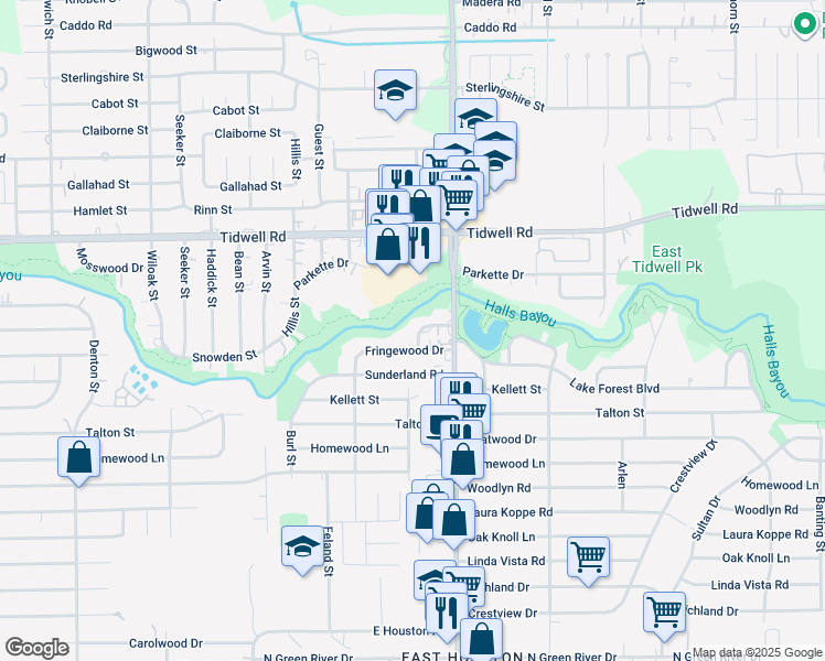 map of restaurants, bars, coffee shops, grocery stores, and more near 8713 Southwark Street in Houston