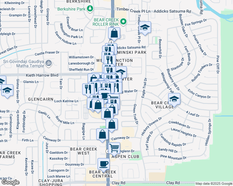 map of restaurants, bars, coffee shops, grocery stores, and more near 16179 Rippling Water Drive in Houston