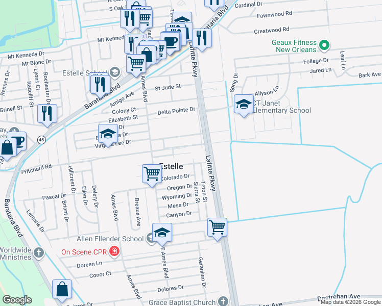map of restaurants, bars, coffee shops, grocery stores, and more near 2500 Arizona Dr in Marrero