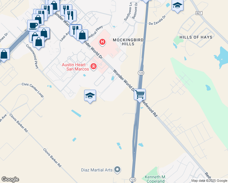 map of restaurants, bars, coffee shops, grocery stores, and more near 1428 Wonder World Drive in San Marcos