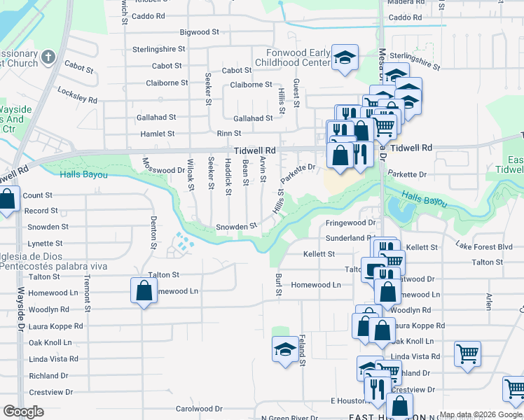 map of restaurants, bars, coffee shops, grocery stores, and more near 9214 Arvin Street in Houston