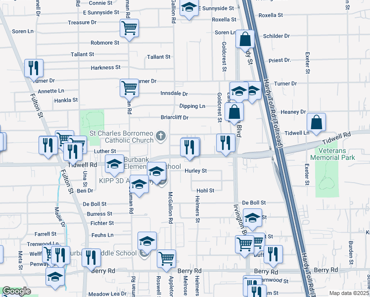 map of restaurants, bars, coffee shops, grocery stores, and more near 620 Luther Street in Houston