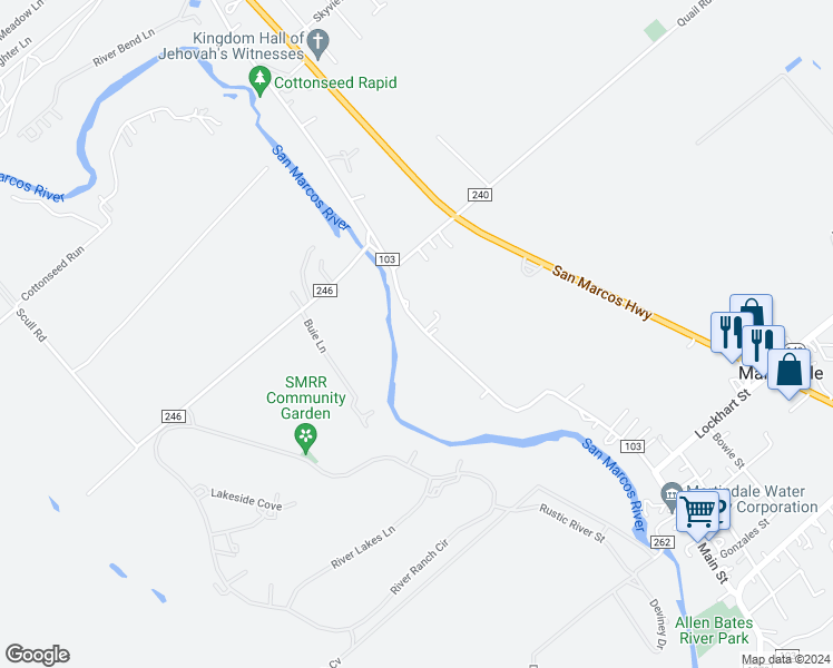 map of restaurants, bars, coffee shops, grocery stores, and more near 505 Northwest River Road in Martindale