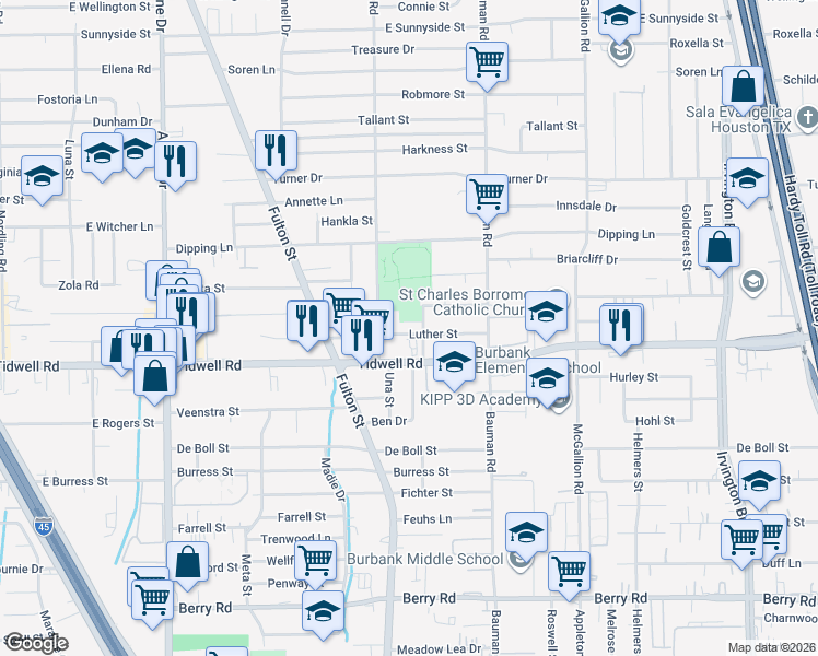 map of restaurants, bars, coffee shops, grocery stores, and more near 169 Luther Street in Houston
