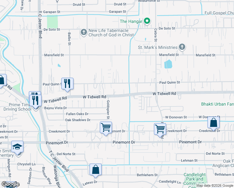 map of restaurants, bars, coffee shops, grocery stores, and more near 2612 West Tidwell Road in Houston