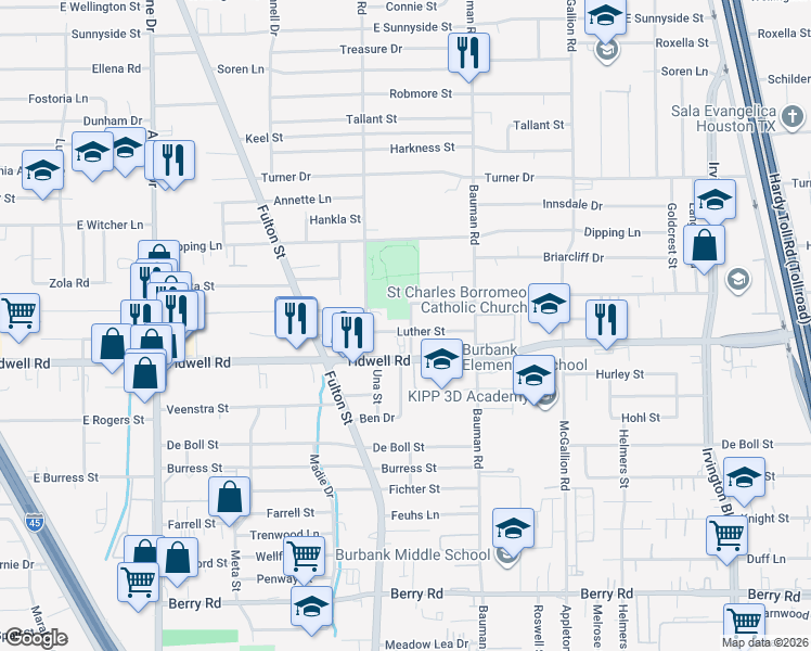 map of restaurants, bars, coffee shops, grocery stores, and more near 169 Luther Street in Houston