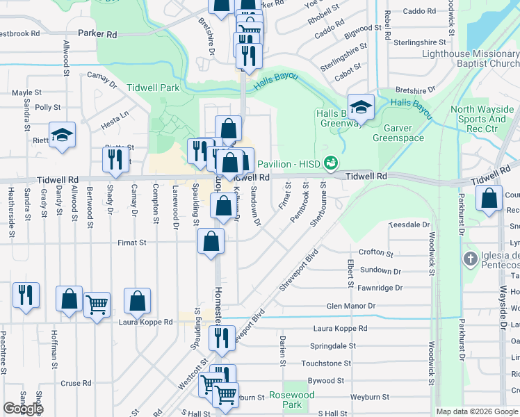 map of restaurants, bars, coffee shops, grocery stores, and more near 9320 Sundown Drive in Houston