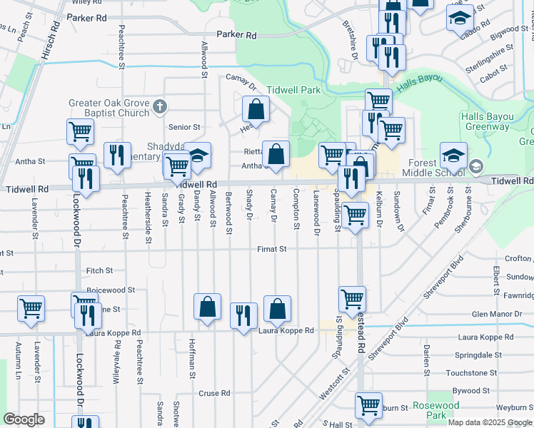 map of restaurants, bars, coffee shops, grocery stores, and more near 9334 Camay Drive in Houston